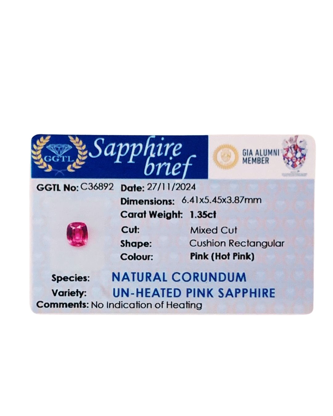 Unheated Hot Pink Sapphire 1.35 Ct