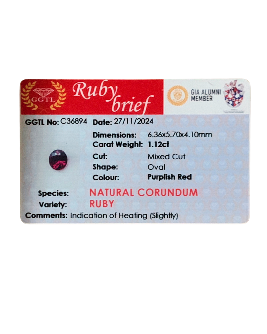 Purplish Red Ruby 1.12 ct Oval – Madagascar
