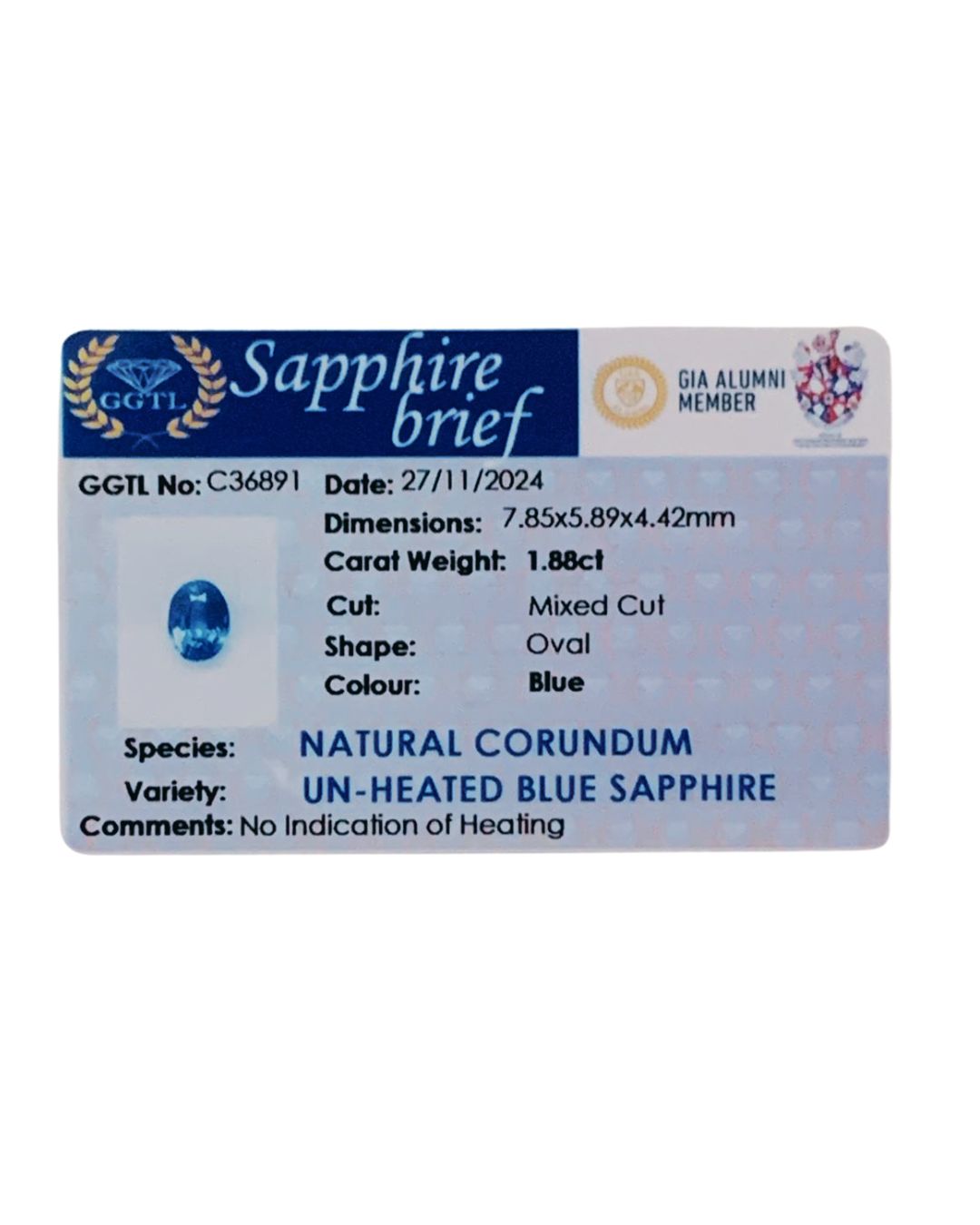 Unheated Blue Sapphire 1.88 Ct