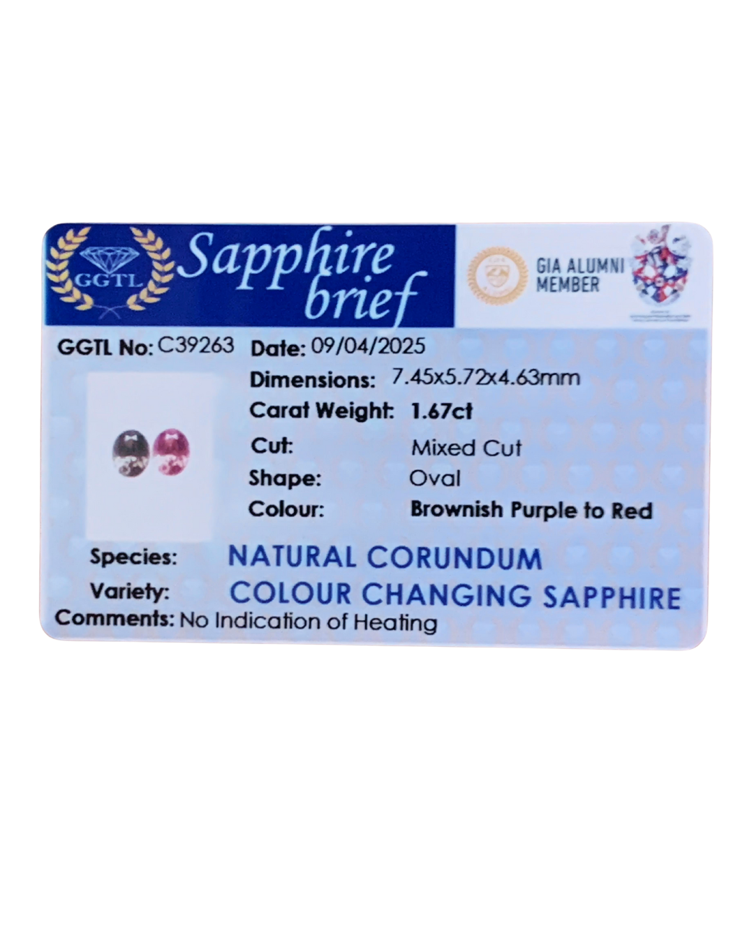 Unheated Natural Color Changing Sapphire 1.67 Ct