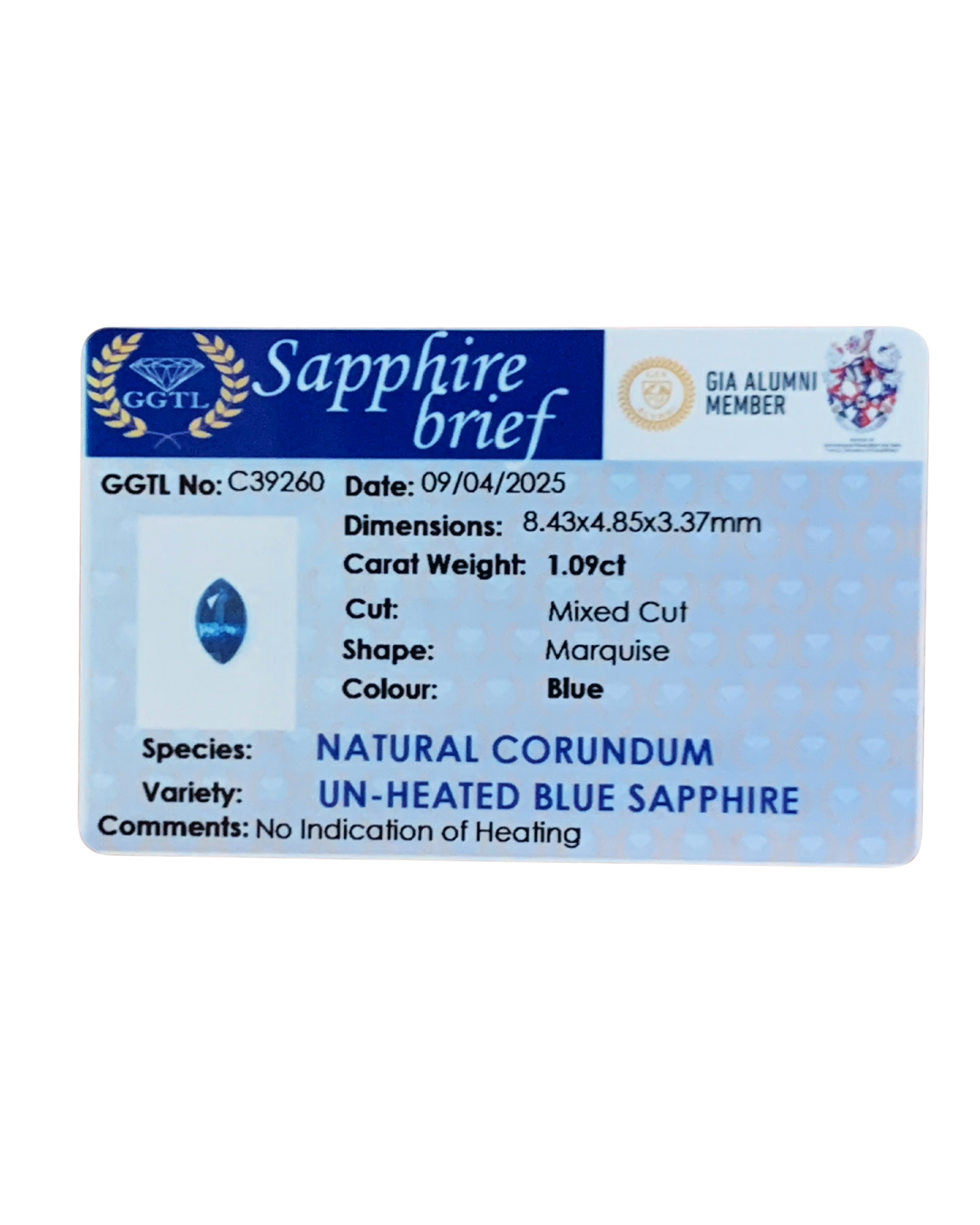 Elegant Marquise Shape Blue Sapphire – 1.09 Ct, Natural & Unheated
