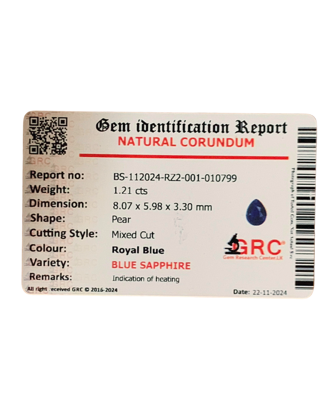 Natural Royal Blue Sapphire 1.21 Ct - Elegant Pear Cut