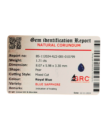 Natural Royal Blue Sapphire 1.21 Ct - Elegant Pear Cut